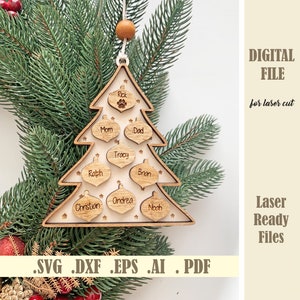Adorno de árbol de Navidad SVG, Nombres de familia Adorno Archivo de corte láser, Adorno familiar de Navidad decorativo, Descarga digital Glowforge