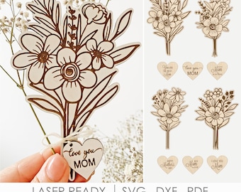 Mothers Day Flower Bouquet SVG, Laser Cut Gift Tag Bundle, Floral Topper for Flowers