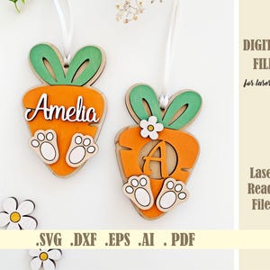 Ostern Karotte Name Korb Tag SVG, Initialen Hasenohren benutzerdefinierte Namen Tag Laser geschnitten Datei, Buchstaben Karotte Geschenkanhänger, Ostern Monogramm Digital