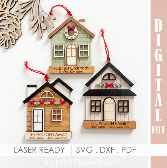 New Home Christmas Ornament SVG Bundle, Personalized Family House Tags, Our First Christmas Laser Cut Files, Farmhouse Ornament Glowforge