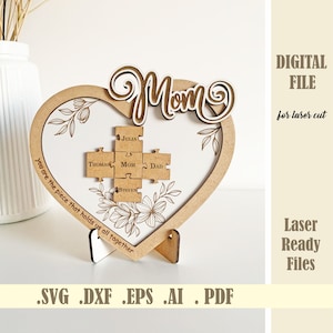 SVG Quebra-cabeça em formato de coração para o dia das mães, arquivo cortado a laser para sinal de quebra-cabeça da mãe, presente de dia das mães para crianças, marido, família, download digital Glowforge