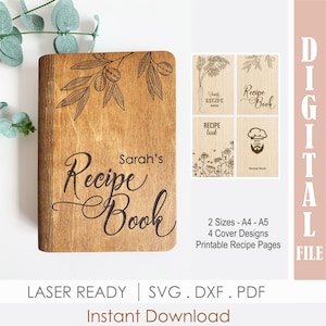Wooden Recipe Book SVG, Laser Cut Cookbook Cover File, Family Recipe Binder Template, Christmas Kitchen Gift for Mom, Glowforge xTool files