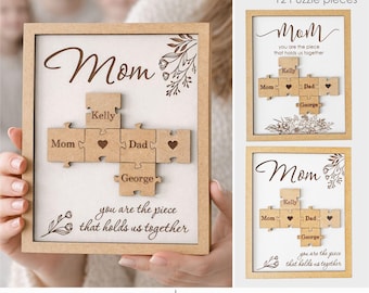 Framed Mom Puzzle Sign with Family Names SVG, Mother's Day Keepsake Laser File