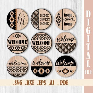 9 Boho deurhanger SVG-bundel, tribal welkomstbord laserbestanden, Azteekse ronde veranda teken SVG, geometrische Home Sweet Home voor Glowforge Cricut
