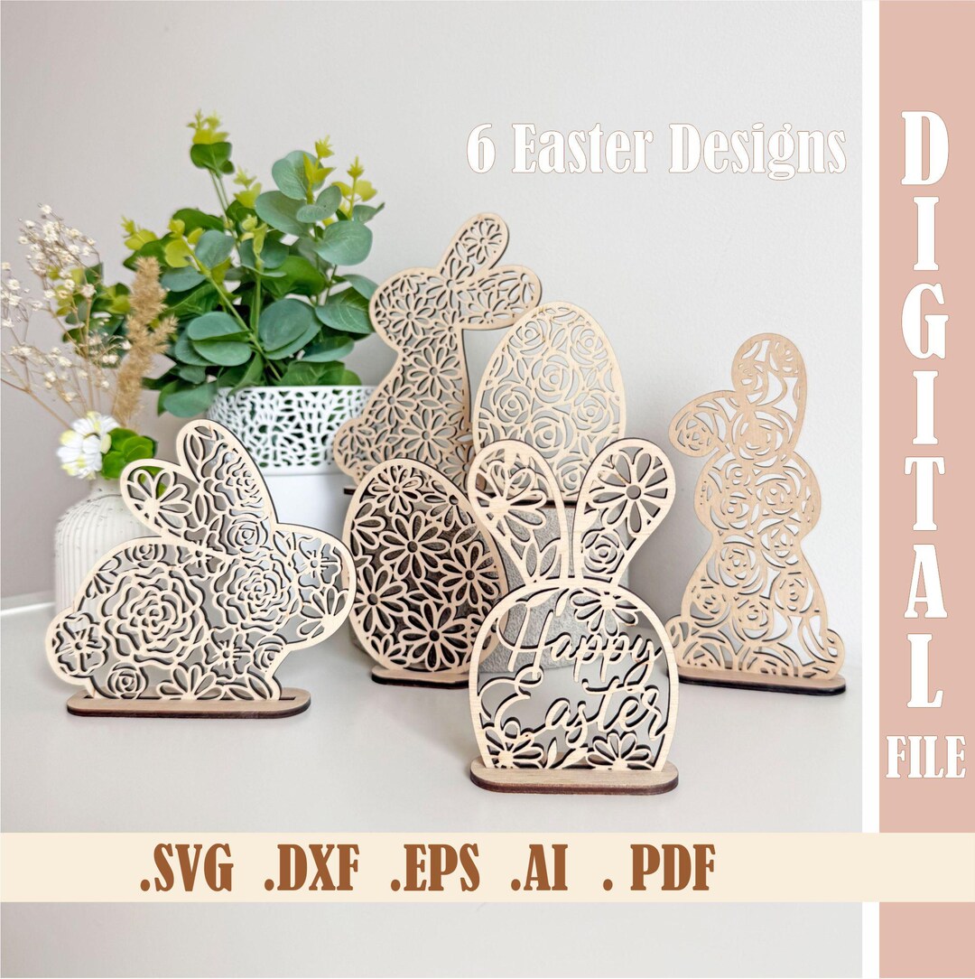Floral Easter Bunny With Stand SVG Bundle, Laser Cut File Standing ...