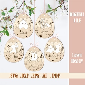 Ostern Korb Name Tag SVG, Laser geschnitten Datei Osterei und Hase Tags, Osterei Ornamente, Ostern Geschenkanhänger, digitaler Download