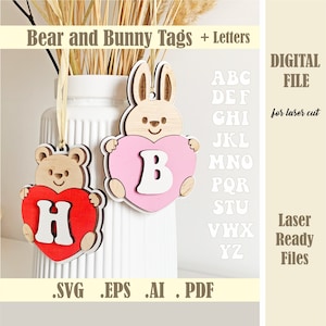 Bär und Hase Herz Tags SVG, Herz Tags Laser geschnitten Datei, Valentinstag Initialen Tags, Buchstaben Ostern Korb Tags digitaler Download