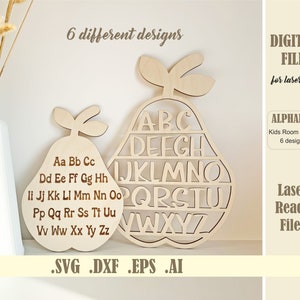 Set van 6 houten alfabet SVG-bestand, Kids ABC Room Decor, Baby boho kinderkamer decor, Klas Houten Muur Decor Laser Cut Glowforge Download,