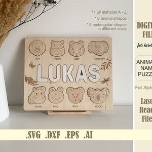 Fichier découpé au laser, puzzle de nom de bébé animaux SVG, Glowforge, numérique, téléchargement, puzzle de nom d'enfant, cadeaux de 1er anniversaire, cadeau de Noël garçon
