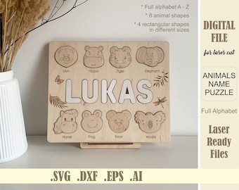 Laser Cut File Animals Baby Name puzzle SVG, Glowforge, Digital, Download, Kids name Puzzle, 1st Birthday gifts, Christmas boy gift