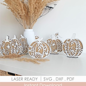 May include: A set of five laser-cut wooden pumpkin decorations featuring intricate floral and botanical cutouts. Each pumpkin has a white frame layered over a natural brown wood backing. The pumpkins are displayed in a row as standalone pieces.