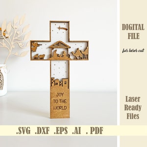 Krzyż Narodzenia SVG, Krzyż sceny Narodzenia wycinany laserowo Plik, Rodzinna dekoracja świąteczna, Laserowo wycinana ozdoba świąteczna Narodzenia Digital Glowforge