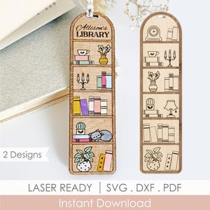 May include: Two wooden bookmarks with a bookshelf design. One bookmark has the text "Allison's Library" at the top. The bookmarks feature illustrations of books, plants, and a cat. The bottom of the image has the text "LASER READY | SVG . DXF . PDF Instant Download".