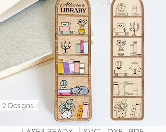May include: Two wooden bookmarks with a bookshelf design. One bookmark has the text "Allison's Library" at the top. The bookmarks feature illustrations of books, plants, and a cat. The bottom of the image has the text "LASER READY | SVG . DXF . PDF Instant Download".