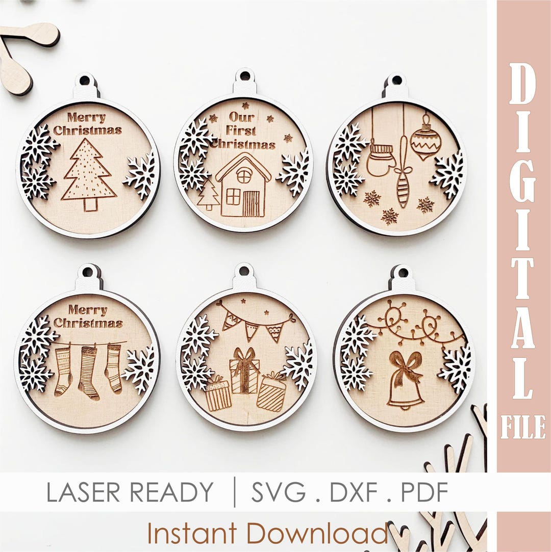 Layered Christmas Tree Ornament SVG Bundle, Engraved Gift Tag Laser Cut ...