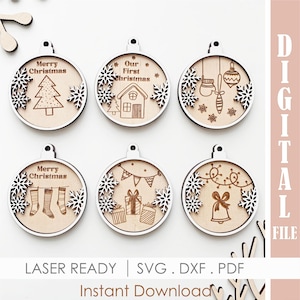 May include: A set of six laser-cut wooden Christmas ornaments. Each ornament features a circular design with a decorative border of snowflakes. The ornaments display festive images like a Christmas tree, house, and stockings. The text "Merry Christmas" and "Our First Christmas" are included.
