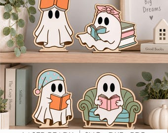 Halloween Reading Ghost Shelf Sitter SVG, Book Lover Laser Cut Decor for Bookshelves