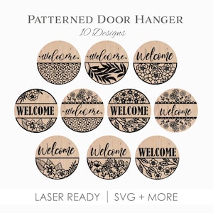 Floral Welcome Door Sign SVG Bundle, Round Laser Cut Signs, Flower Pattern Wood Sign, Spring Summer Porch Decor, Glowforge Files