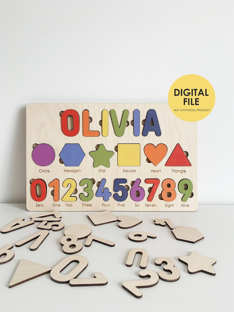 May include: Wooden educational puzzle with the name "OLIVIA" in colourful letters, shapes, and numbers 0-9. Includes matching wooden puzzle pieces. The text "DIGITAL FILE NOT A PHYSICAL PRODUCT" is also visible.