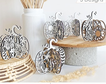 3D Standing Pumpkin SVG Bundle, Set of 5 Floral Pumpkin Shelf Sitter Laser File