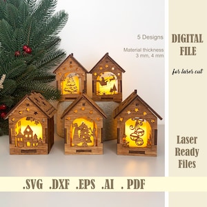 クリスマス ハウス キャンドル ホルダー SVG、クリスマス ビレッジ ハウス オーナメント 5 個セット レーザーカット ファイル、ランタン テーブル ランプ ティー ライト デジタル ダウンロード