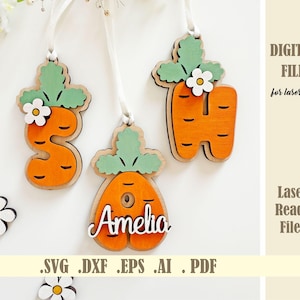 Karotte Osterkorb Tag SVG, Laser geschnittene Datei Karotte Benutzerdefiniertes Namensschild, personalisierte Buchstaben Karotte Tags, Ostern Initialen Digital Download