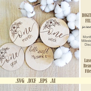 Baby Milestone SVG, disques mensuels Milestone découpés au laser, fichiers numériques Milestone Cards, téléchargement de signe de nom de bébé, annonce de bébé