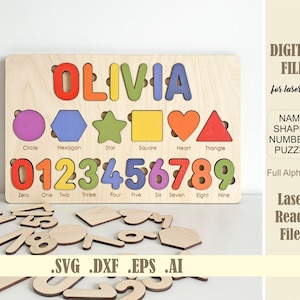 Rompecabezas de nombres, números y formas (archivos cortados con láser SVG, DXF, DWG, Ai), descarga digital Glowforge, rompecabezas de nombres para niños