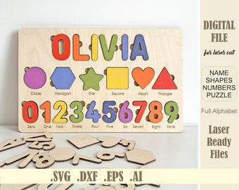 Name Numbers Shapes Puzzle Laser Cut Files SVG, DXF, DWG, Ai, Digital Cut Files, Glowforge Digital Download, Kids name Puzzle