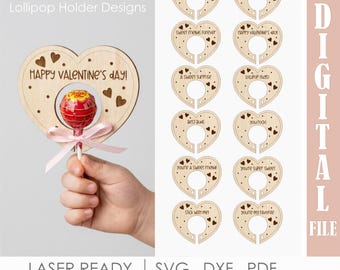 Classroom Valentine Lollipop Holders SVG, Heart Candy Cards for Kids, School valentine Laser Cut File, Engraved class party Gift