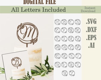 May include: A digital file download of a monogram cake topper with a wreath of leaves. The file includes all letters of the alphabet in SVG, DXF, EPS, and AI formats.
