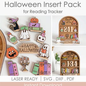 Può includere: Una collezione di inserti in legno tagliati al laser a tema Halloween per un tracker di lettura, tra cui un gatto nero, zucche, fantasmi, libri, una pozione, una candela a forma di teschio e un candelabro con il testo "HAPPY HALLOWEEN".