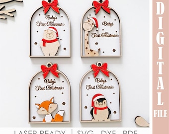 Baby’s First Christmas Ornament SVG, Cute Animal Laser Cut Files for Glowforge, Personalize Woodland Gift Tag Fox Penguin Giraffe Bear