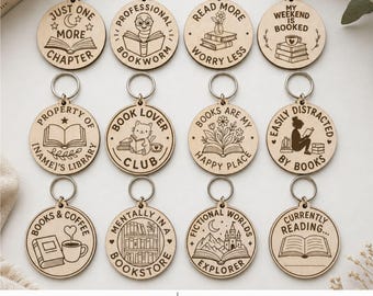 Book Lover Keychain SVG Bundle, 12 Bookish Bookish Sayings Laser Engraving Files, Reader Gift Designs