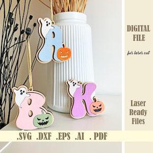 Halloween Geist und Kürbis Initial Tags SVG, Halloween Alphabet, Boo Korb Tag Laser Cut Glowforge Datei, Herbst Retro Buchstaben Cricut Dateien