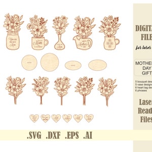 Ramo de flores con soporte Archivo cortado con láser SVG Maceta de pie Flores para mamá Descarga digital Glowforge Regalo del día de la madre Tarro de cristal