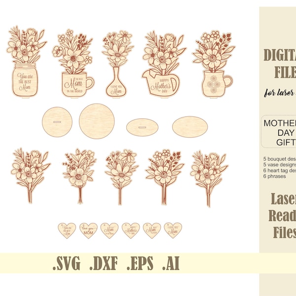 Bouquet de fleurs avec support fichier découpé au laser SVG Pot de fleurs sur pied pour maman Glowforge en téléchargement numérique Bonne fête des mères cadeau pot Mason