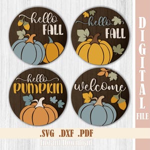Rustykalny okrągły znak dyniowy SVG, jesienny zestaw wieszaków na drzwi, plik do wycinania Hello Pumpkin Welcome, jesienny laserowy projekt ganku, wystrój Święta Dziękczynienia
