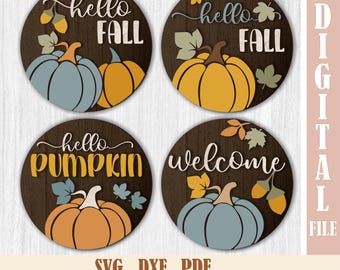 Rustic Pumpkin Round Sign SVG, Fall Door Hanger Bundle, Hello Pumpkin Welcome Cut File, Autumn Porch Laser Design, Thanksgiving decor