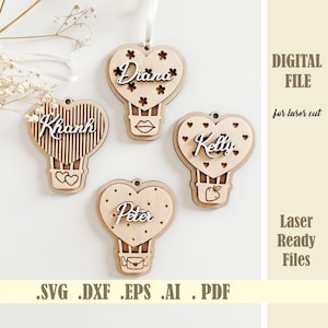 Valentinstag Heißluftballon Geschenkanhänger SVG, Laser geschnitten Datei Herz Liebe Valentines Tag, Kinder Name Korb Tag, digitaler Download