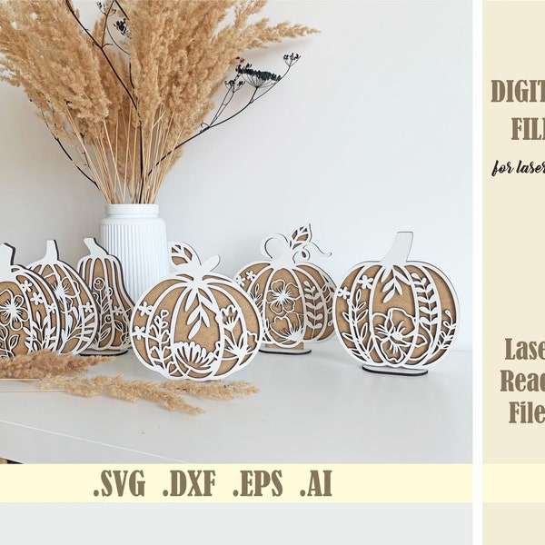Blumen Kürbisse SVG Set von 6 mit geschlitzten Ständern, Herbst-Svg-Dateien Laser geschnitten, Halloween-Dekor-Vorlage, Thanksgiving svg, digitaler Download