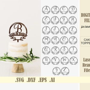 May include: A set of 26 alphabet letter cake toppers in a circle with a leaf design. The letters are in a simple font and are laser cut. The letters are in black and the leaves are in grey. The letters are on a white background. The letters are for laser cut cake toppers. The letters are in a digital file format. The letters are in SVG, DXF, EPS, and AI formats.