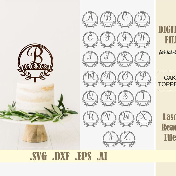 Monogramme alphabet Cake toppers SVG, Wedding Initial Cake topper Laser Cut Files, Circle Wreath frame Digital Download Glowforge File