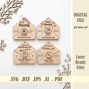 Paquete de sobres con carta a Papá Noel SVG, archivo cortado con láser con adornos navideños de Querido Papá Noel, diseños de correo de Papá Noel, lista de deseos navideños Glowforge Digital