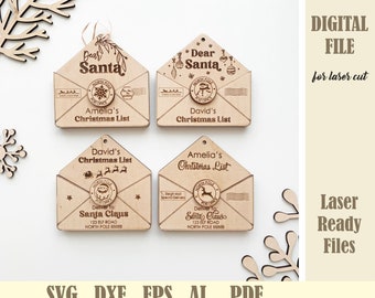 Letter to Santa Envelope bundle SVG, Dear Santa Christmas Ornaments Laser Cut File, Santa mail designs, Christmas wishlist Glowforge Digital