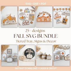 以下が含まれることがあります： カボチャ、葉、装飾的な看板など、秋をテーマにしたSVGデザインのコレクション。画像には、「Happy Fall Y'all」と「Hello Pumpkin」のテキストが表示された、さまざまな段付きトレイ、看板、装飾オプションが表示されています。このバンドルには、25以上のデザインが含まれています。