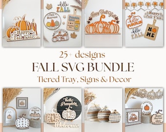 Paquete SVG de otoño: más de 25 archivos cortados con láser para Glowforge y xTool, decoración de bandejas escalonadas con calabazas, letreros de otoño, descarga digital de Acción de Gracias