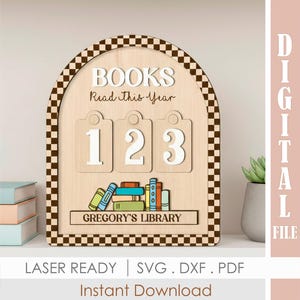 May include: A wooden bookshelf-themed sign with the text "BOOKS Read This Year" and the numbers 1, 2, and 3. The sign also includes the text "GREGORY'S LIBRARY" and a stack of colorful books. The border has a checkered pattern.