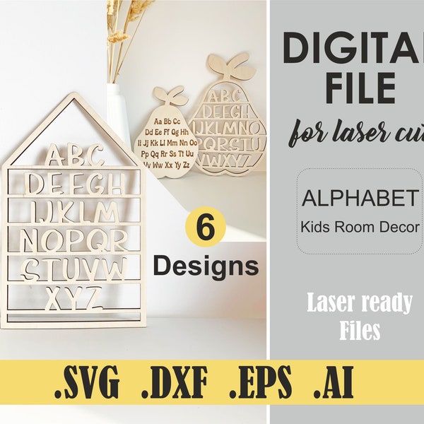 Alphabet Kids Room Decor svg Files for Laser Cut SVG, DXF, DWG, Ai, Glowforge Download, Laser cut template, Vector model