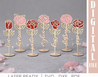 Valentine Rose Flower SVG Bundle, 12 Standing Roses Laser Cut File Glowforge, Valentines Day Love, Xoxo, Be Mine